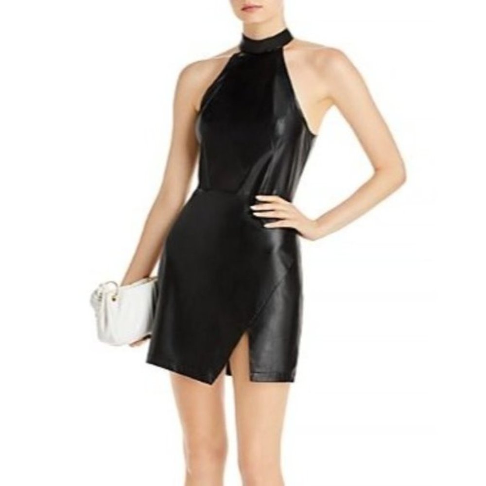 AQUA Faux Leather Halter Mini Dress Black NWT - Picture 1 of 3